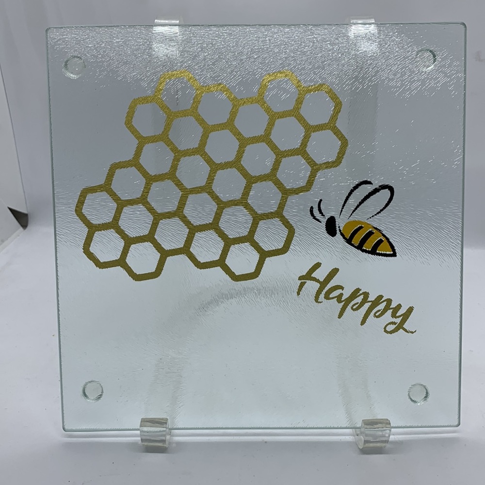 Glass Cutting Board Trivet BEE HAPPY Honeybee Honeycomb